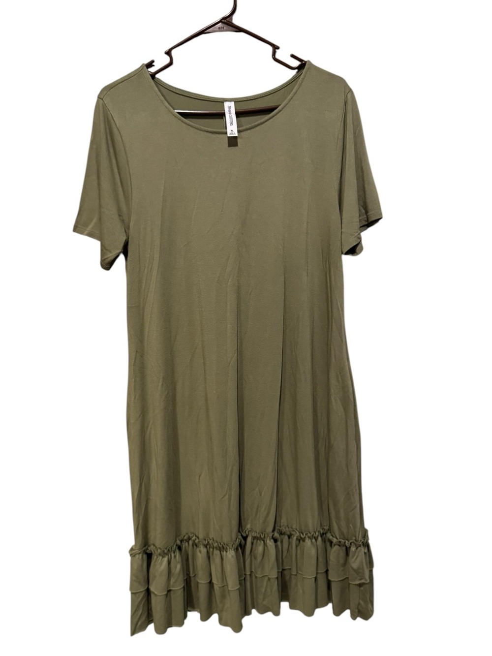 Zenana Outfitters Olive Green Short Sleeve Ruffle Hem Midi Dress